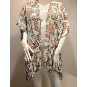 Loft Womens Floral Kimono Cardigan Open Front White Peach Lavender‎ Relaxed OS